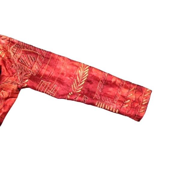 CHICO'S Design Red Silk Button Up Top Sz 1 Gold Embroidered Long Sleeves Jacket - Picture 6 of 8